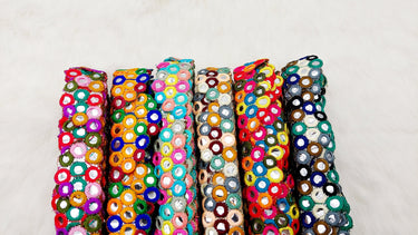 Multicoloured Indian Foil Mirror Trim, Kutch Embroidered Navratri Garba Dress Trim Bridal Lace, Indian Sari Border